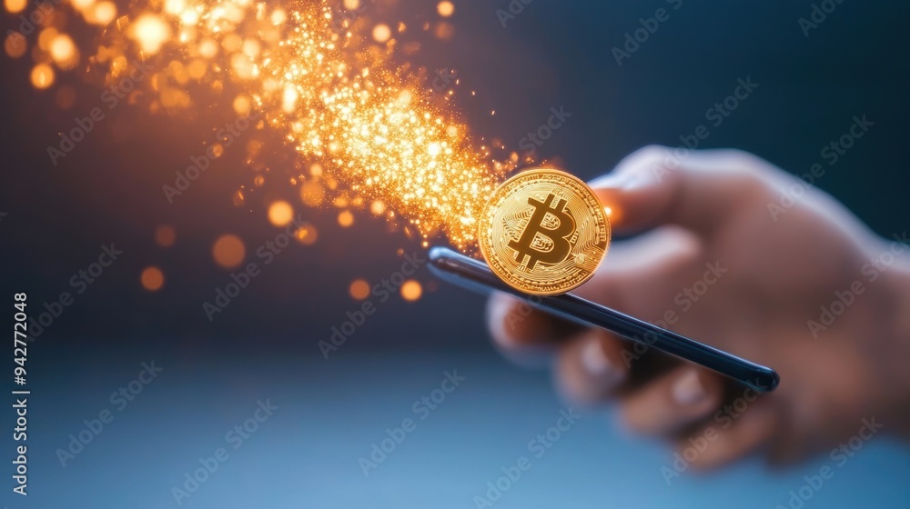 Poster a person using a mobile phone to make a secure cryptocurrency transaction.