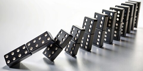 Black domino pieces causing a chain reaction, creating a domino effect