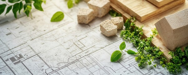 Eco-friendly building materials arranged on a blueprint, with greenery intertwined, highlighting sustainable construction practices