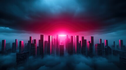 A cityscape with digital defenses protecting buildings and infrastructure from cyberattacks.