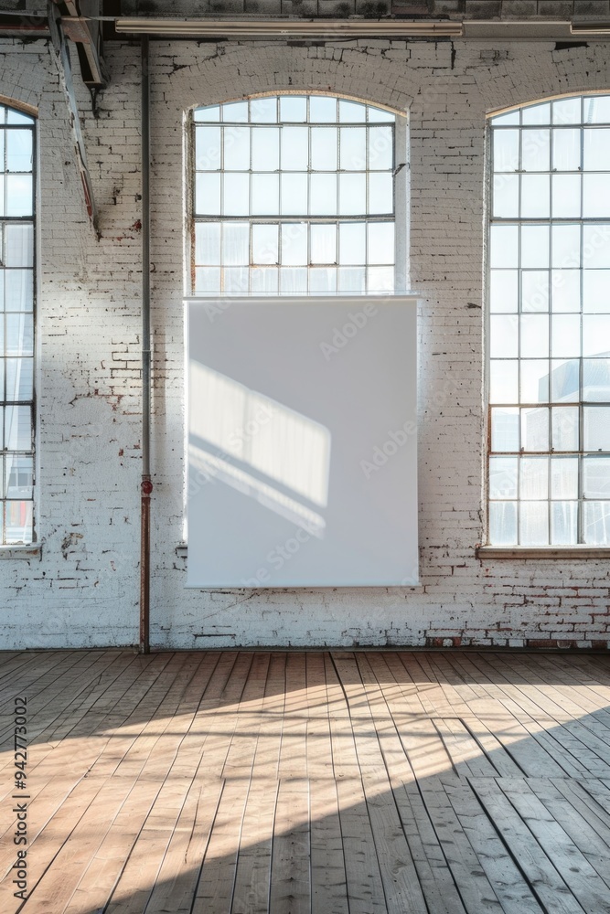 Poster A minimalist space with large windows and a blank white board, suitable for presentations or brainstorming