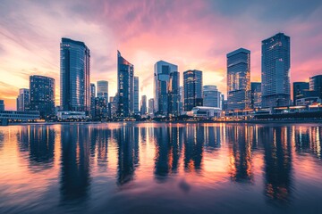 Obraz premium A majestic skyline at dusk reveals opulent towers mirrored in the glistening waters beneath.