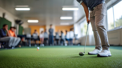Golf Instructor Demonstrating Swing Technique to Observant Students in Classroom