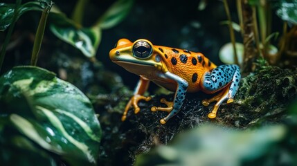 Fototapeta premium Vibrant Poison Dart Frog Among Lush Green Foliage