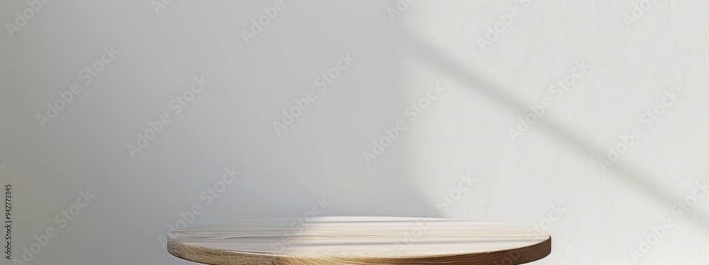 Poster an empty white wooden round table is placed on a white wall background. the layout should be clean a