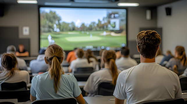 Students Observing Video Analysis of Golf Swings on Large Screen in Classroom