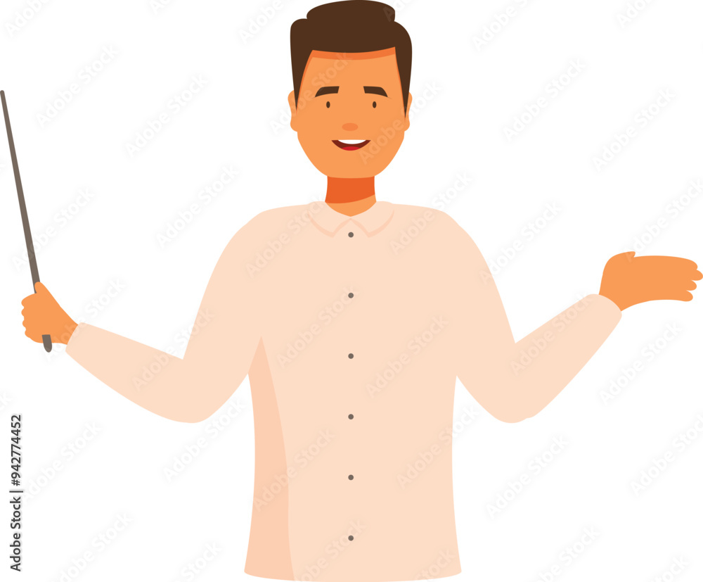 Poster teacher is holding a pointer and gesturing with his other hand while smiling