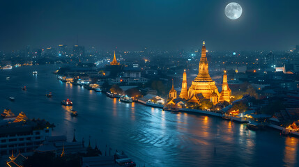 Obraz premium photograph taken at night, capturing the magnificent Wat Arun Ratchawararam Ratchawaramahawihan Buddhist temple in Bangkok