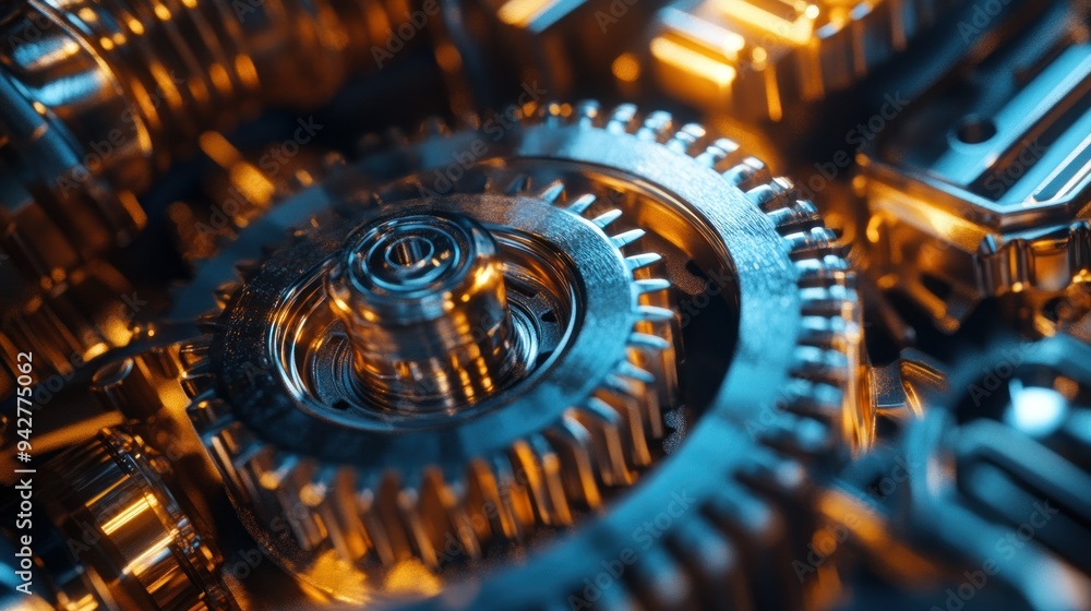 Poster Close-up of Interlocking Gears in a Mechanical System