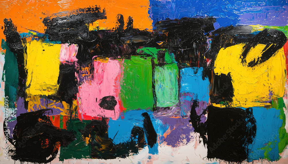 Poster vibrant abstract painting with bold color blocks and expressive black strokes, evoking emotion throu