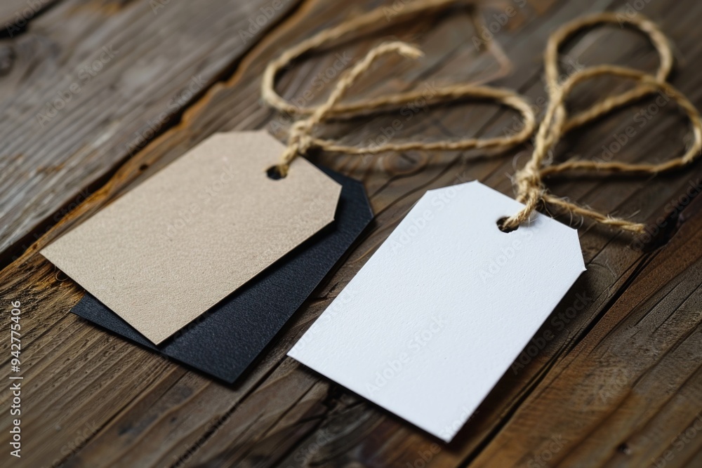 Poster a pair of tags hung from a string on a wooden table, awaiting use
