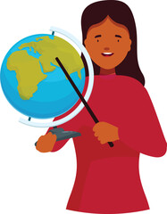 Fototapeta premium Geography teacher is holding a pointer and showing continents on the globe for students