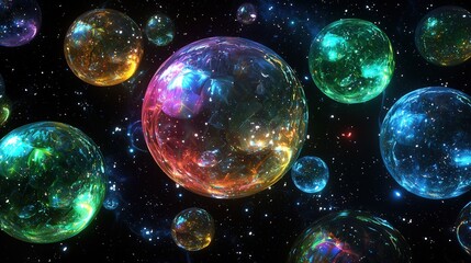 Fototapeta premium Vibrant cosmic bubbles float in a starry expanse, showcasing array of colors and reflections in a surreal space-inspired fantasy scene.