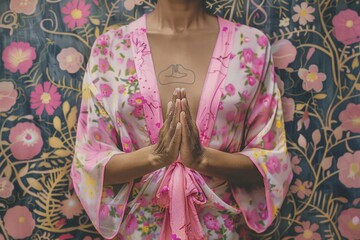 A woman wearing a pink robe stands in front of a colorful floral wallpaper, a cozy home interior scene