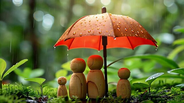 A red umbrella shelters a family of wooden figurines, symbolizing protection and security in a lush green forest.