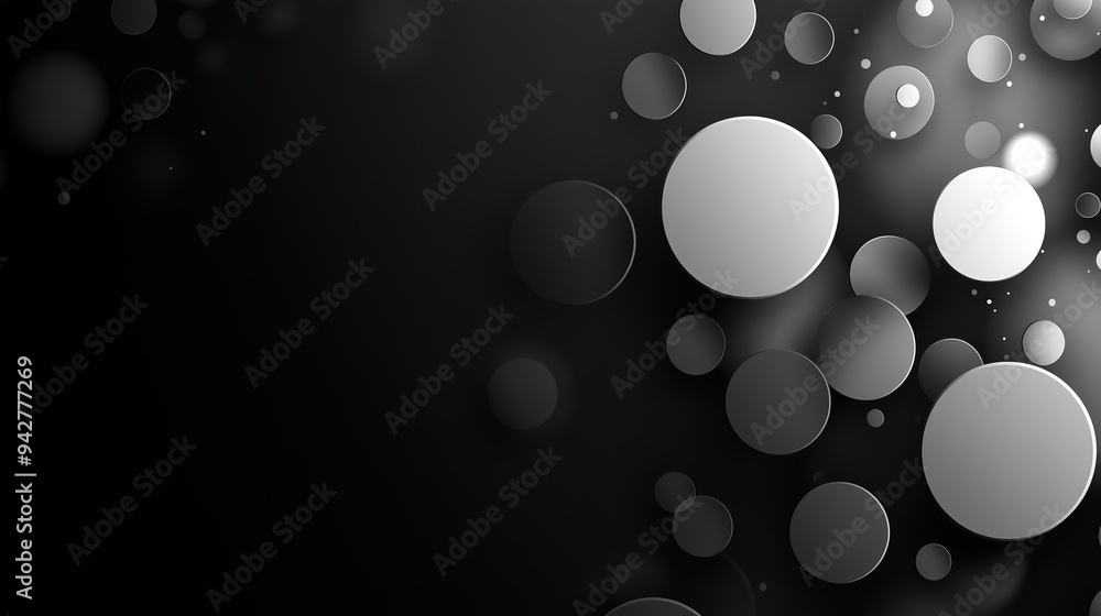 Poster abstract black and white composition featuring various sized circular shapes floating against a dark