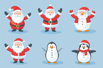 Santa claus, snow man and penguin christmas
