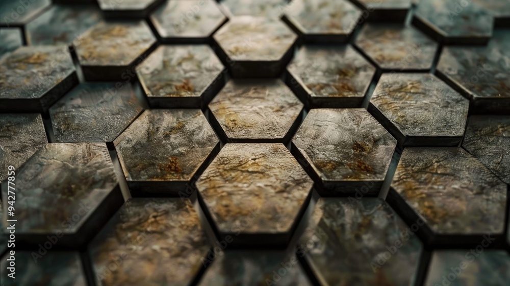 Poster Close-up shot of a unique hexagonal pattern made from metal, ideal for use in designs related to technology or architecture