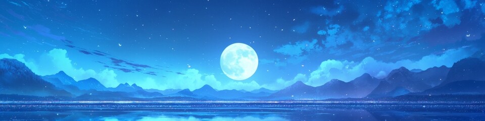 Enchanting Mid-Autumn Festival Night: Serene Moonlit Landscape with Mountains, River, and Starry Sky. Artistic Digital Illustration for Book Covers, Game Backgrounds, and Cultural Celebrations. Elegan