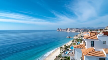 Fototapeta premium Tranquil Coastal Escape - Beautiful Luxury Resorts by the Shore with Copy Space for Text