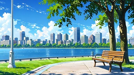 Naklejka premium Anime Style illustration bench In the city Park Generative Ai