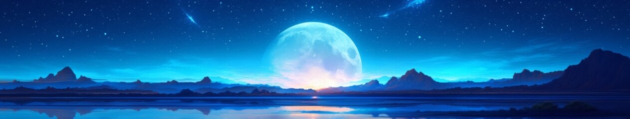 Enchanting Mid-Autumn Festival Night: Serene Moonlit Landscape with Mountains, River, and Starry Sky. Artistic Digital Illustration for Book Covers, Game Backgrounds, and Cultural Celebrations. Elegan