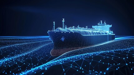 LNG gas carrier. Particles and blue lines form a 3d model of a gas tanker. in 3d virtual space.
