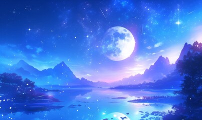 Fototapeta premium Enchanting Mid-Autumn Festival Night: Serene Moonlit Landscape with Mountains, River, and Starry Sky. Artistic Digital Illustration for Book Covers, Game Backgrounds, and Cultural Celebrations. Elegan