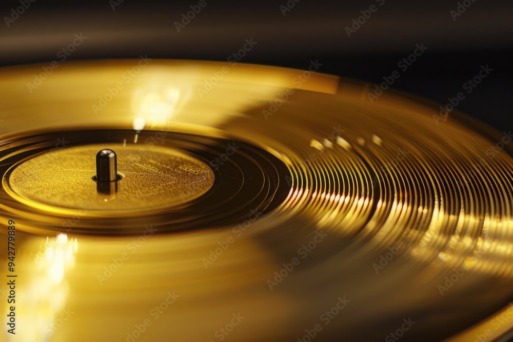 Poster a close-up shot of a golden record on a table, ready for spinning