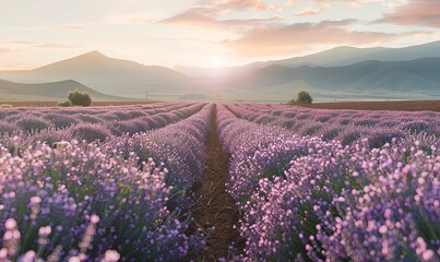 Fototapeta premium Lavender Field Sunset with Mountains