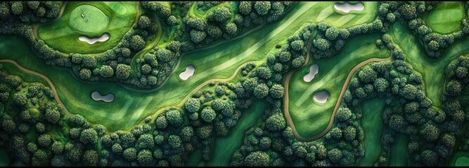 Aerial View of a Lush Golf Course with Sand Traps and Green