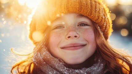 Young Girl Smiling in Winter with Snow Falling on Her Face