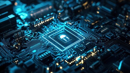 Obraz premium Futuristic Computer Circuit Board with Glowing Microchip