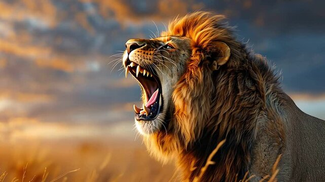 A majestic lion roars against a dramatic sunset sky