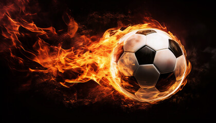 Fototapeta premium image of a white soccer ball engulfed in flames, streaking against a dark backdrop, symbolizes power, speed and passion in sports, making it visually striking for a variety of uses
