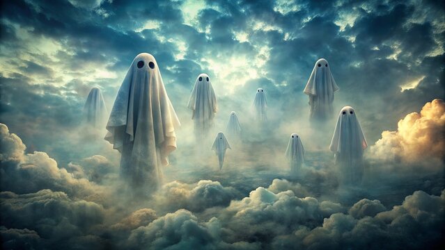 Ghostly apparitions floating in a textured sky, perfect for Halloween greetings