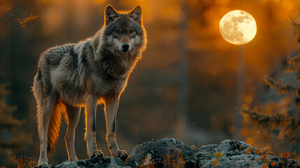 Wolf Standing on a Rock with a Full Moon in the Background - Realistic Image