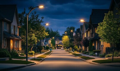Street Lights Illuminating Residential Neighborhood at Dusk