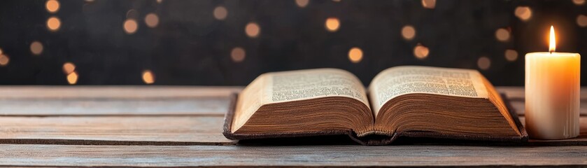 Obraz premium An open book resting on a wooden surface beside a lit candle, creating a warm, inviting atmosphere with soft bokeh lights in the background.