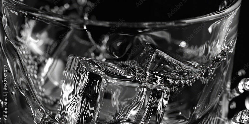 Poster a close-up view of a glass filled with water and ice cubes, perfect for use in still life or beverag