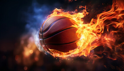 the image of a basketball engulfed in flames, streaking against a dark background, symbolizes power, speed and passion in the sport, making it visually striking for a variety of uses