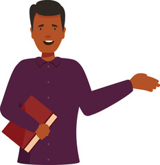 Teacher is holding a book and gesturing with his other hand as if explaining something