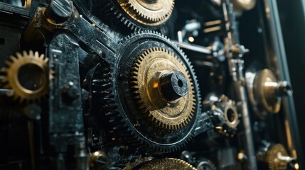 Fototapeta premium Close-up of a Complex Gear System with Gold Accents