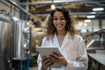 A woman in a lab coat holds a tablet, likely for data analysis or research purposes