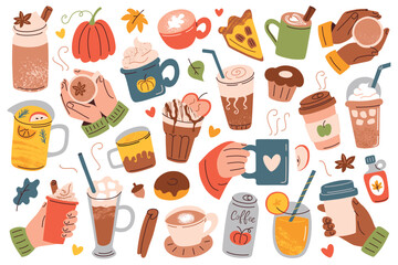 Autumn drinks and desserts set in flat cartoon style. Cozy collection with vector illustrations of hands with coffee cups, hot chocolate, pumpkin spice latte. Seasonal designs and fall holiday parties