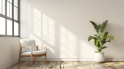 Fototapeta premium A bright and airy living room with a white armchair, a potted plant, and a large window allowing natural light to stream in.