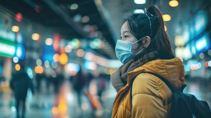 Obraz premium A young female tourist wears a protective mask in an international airport while waiting to board a plane. Prevention of outbreaks in safe travel, during the outbreak of the virus.