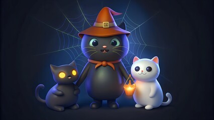 Obraz premium Black Cat Family in Witch Costumes with Spider Web Background for Halloween