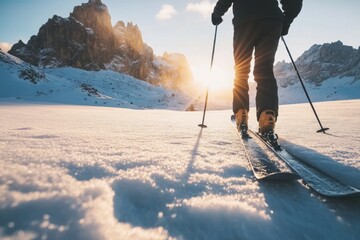 A person cross-country skiing in the mountains during sunrise 