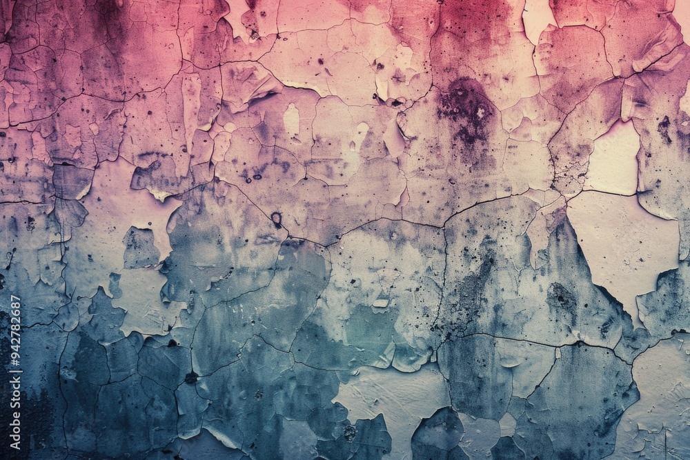 Poster a close-up view of a red and blue wall with peeling paint, suitable for use in interior design or di